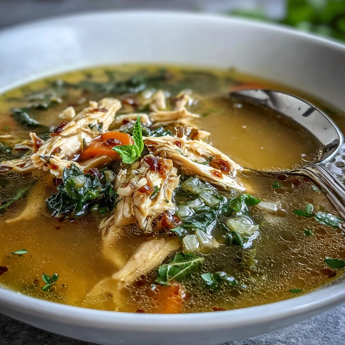 Close-up of High Protein Lemon and Turmeric Chicken Soup revealing juicy chicken pieces, carrots, celery, and a hint of spices in a savory broth.