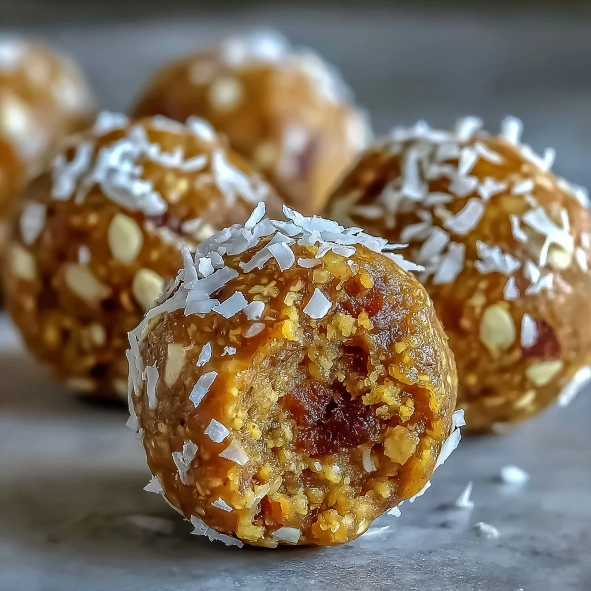 Golden-brown Ginger Turmeric Energy Balls coated in shredded coconut on a rustic wooden board, showcasing their no-bake texture.