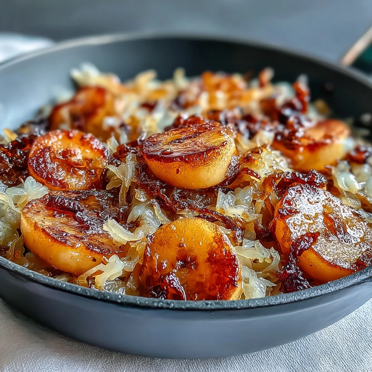 Tangy Apple and Sauerkraut Skillet Salad topped with toasted walnuts, ready to serve as a warm, comforting side dish.