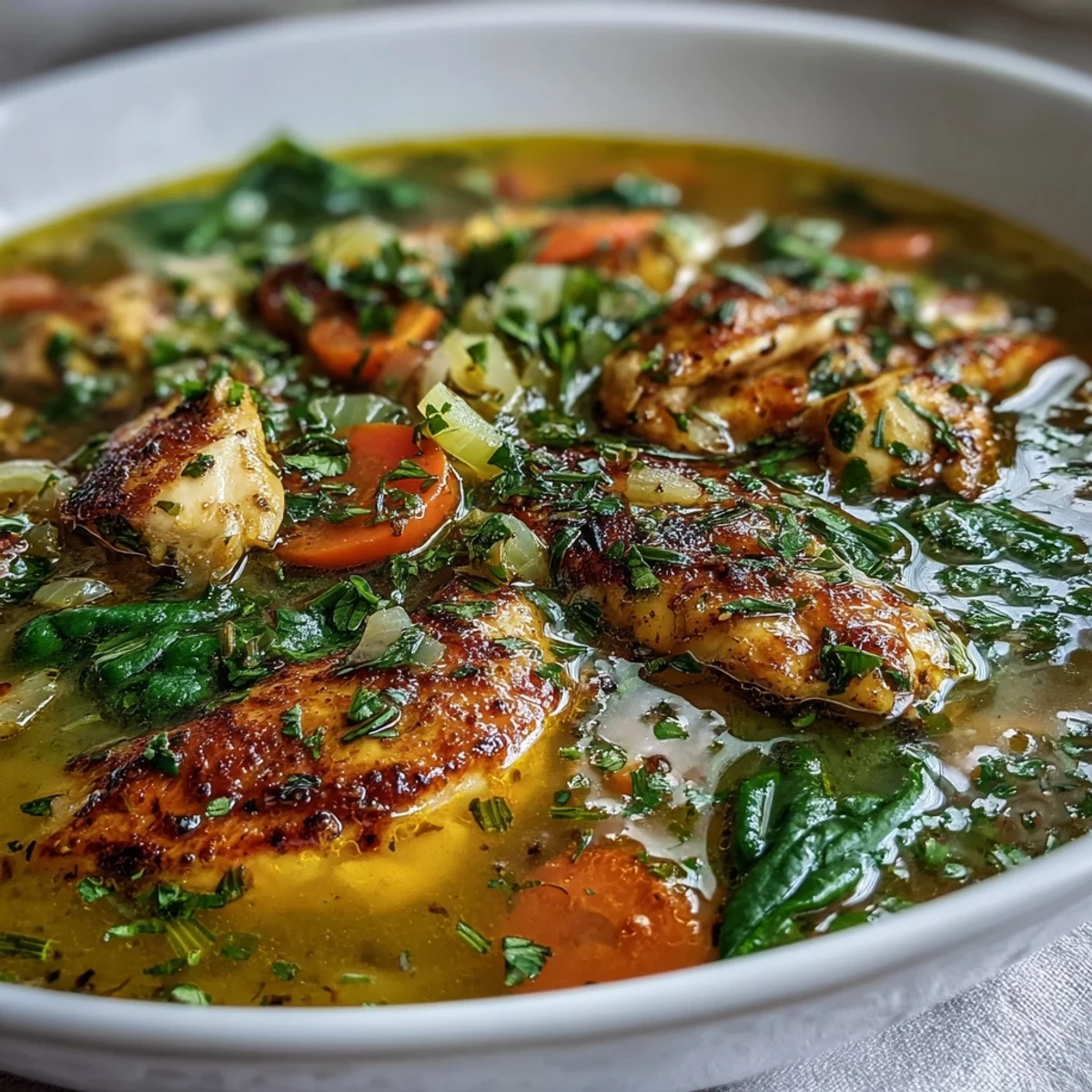 A close-up of a steaming bowl of Turmeric Chicken Soup, garnished with fresh parsley and a lemon wedge on a rustic table.