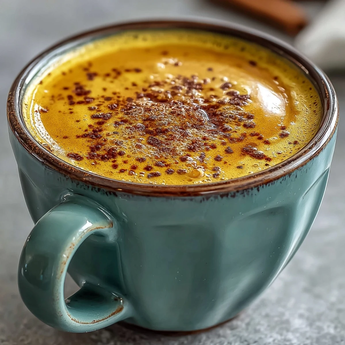 A steaming mug of Turmeric and Ginger Golden Milk, glowing with warm yellow spice, rests on a rustic wooden table beside cinnamon sticks.