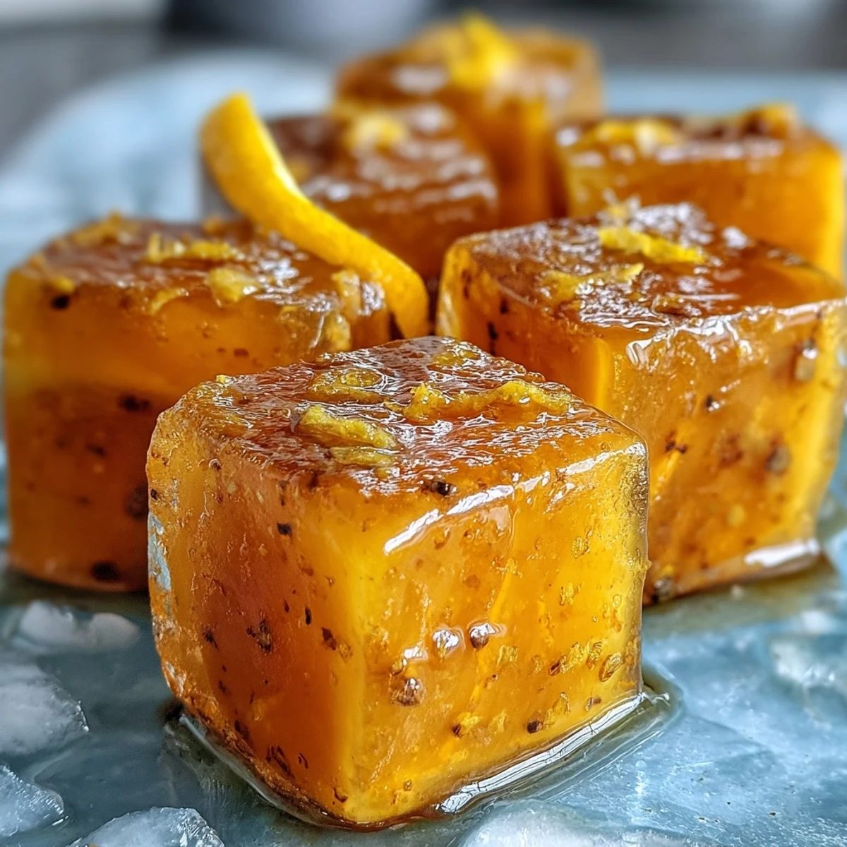 Bright yellow Lemon Ginger Turmeric Wellness Cubes glisten with condensation in a white ice cube tray, ready to be added to warm water for a soothing morning drink.  