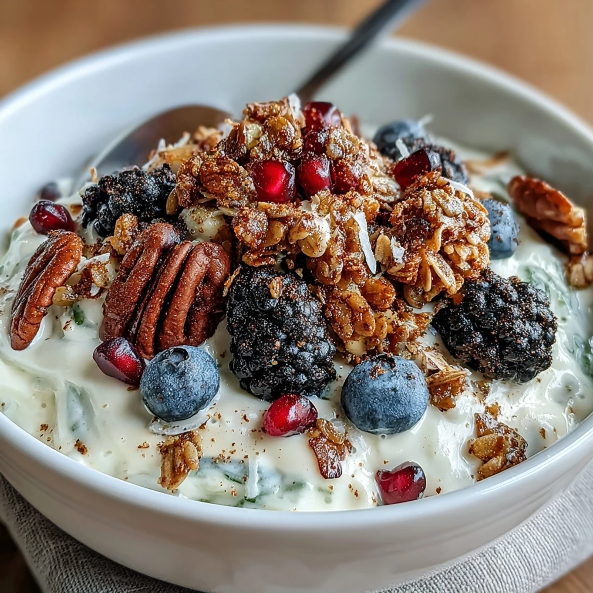 A nourishing yogurt bowl with winter berries and a spiced crunch, served with warm tea.