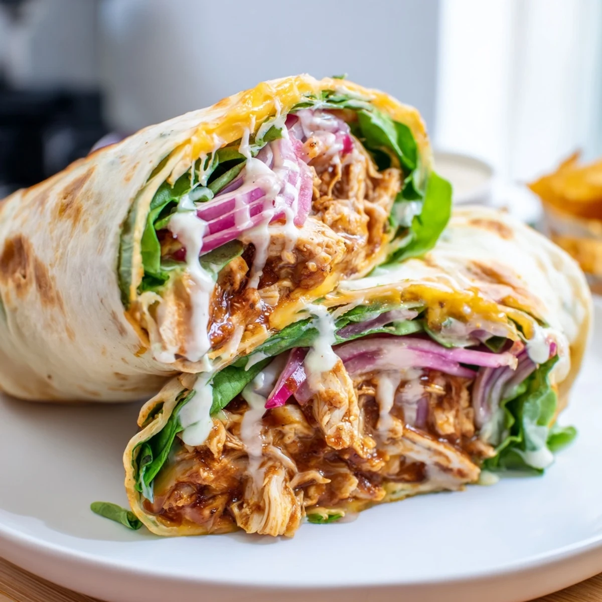 Close-up of a Buffalo Ranch Chicken Wrap, sliced in half to reveal layers of shredded chicken, crisp romaine, and melted cheddar inside a golden toasted tortilla. 