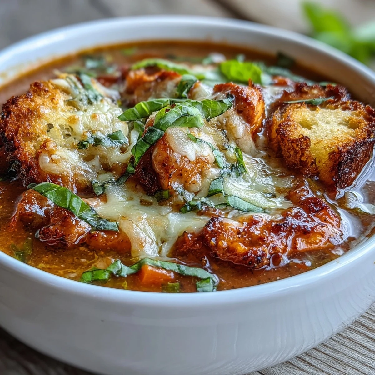Golden grilled chicken breast pieces simmer in a hearty tomato broth, topped with melted Parmesan and mozzarella.