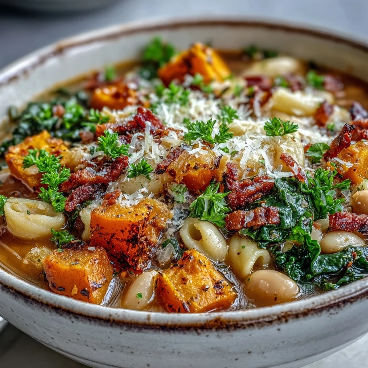 A warm bowl of Fall Minestrone, topped with pancetta, Parmesan, and fresh parsley.