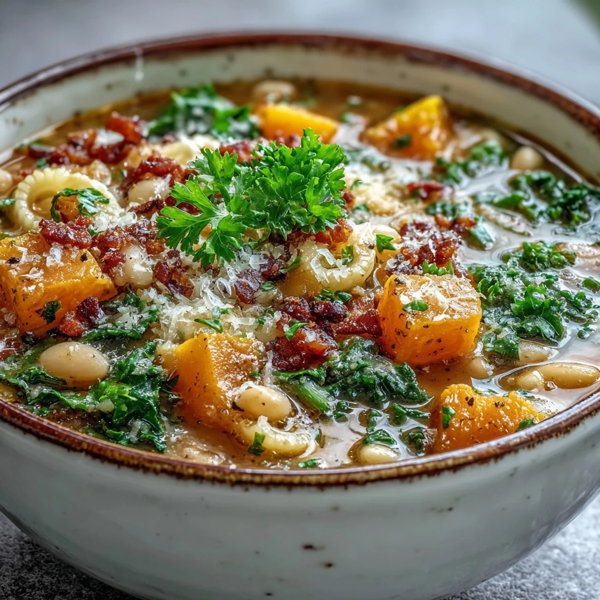 Autumn Fall Minestrone soup in a rustic bowl, ready to be enjoyed with crusty bread.