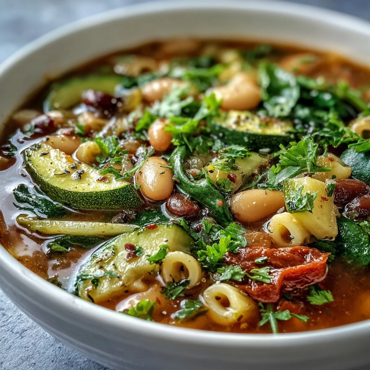 Homemade Minestrone Soup steaming in a rustic bowl, loaded with pasta, beans, and fresh vegetables.