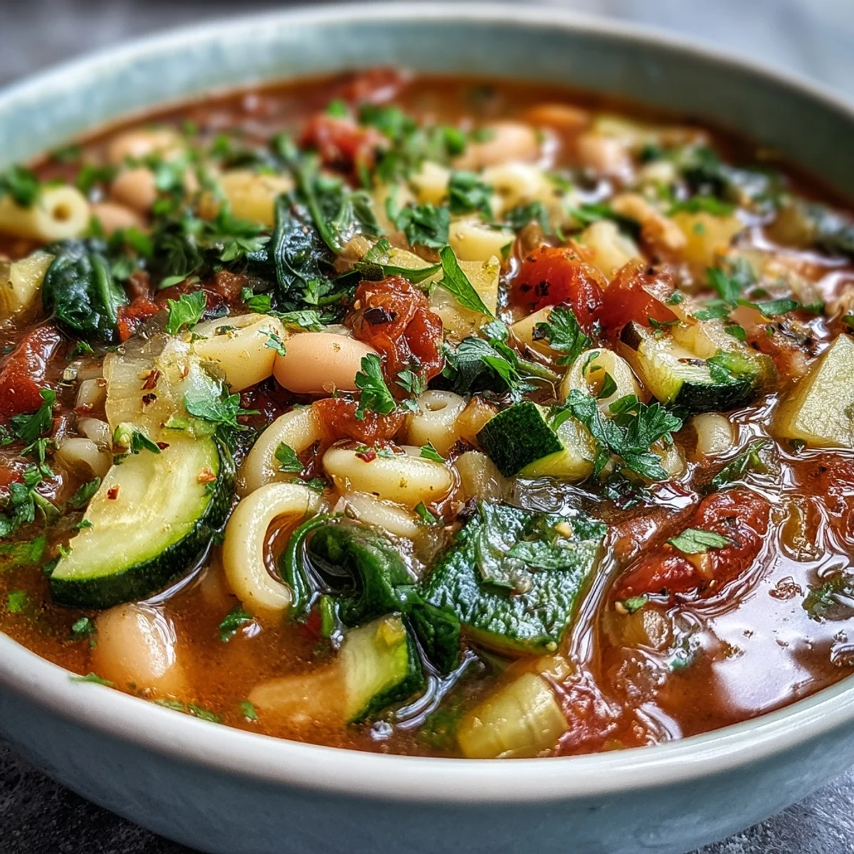 A close-up view of vibrant Minestrone Soup in a white bowl, garnished with parsley and a side of crusty bread.