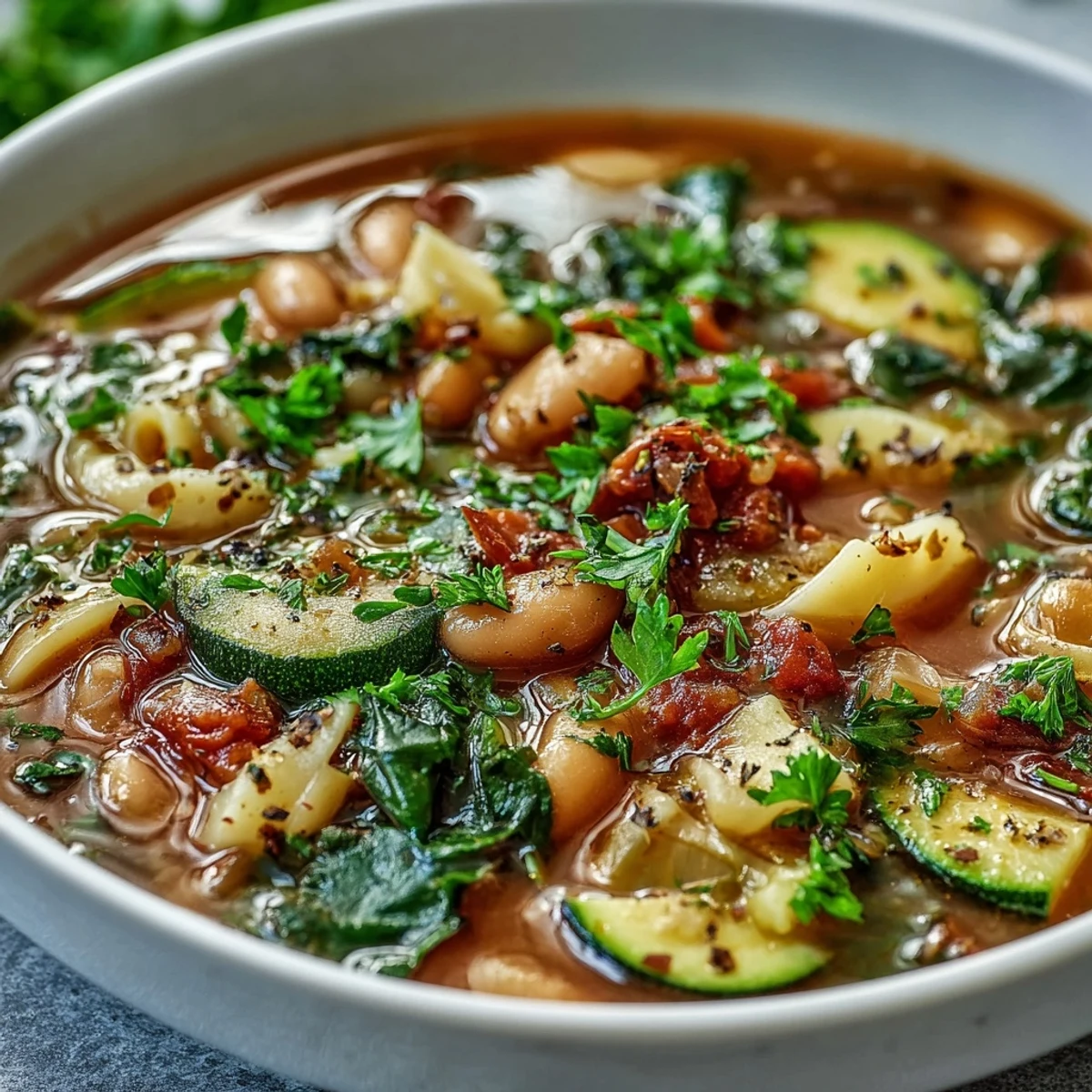 Hearty Minestrone Soup served hot from the pot, showcasing colorful carrots, zucchini, and beans.
