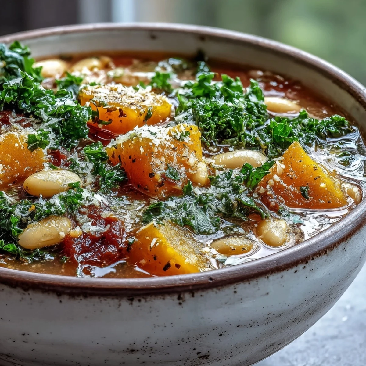 Homemade Winter Minestrone Soup with kale and butternut squash in a rustic bowl, served with crusty bread.