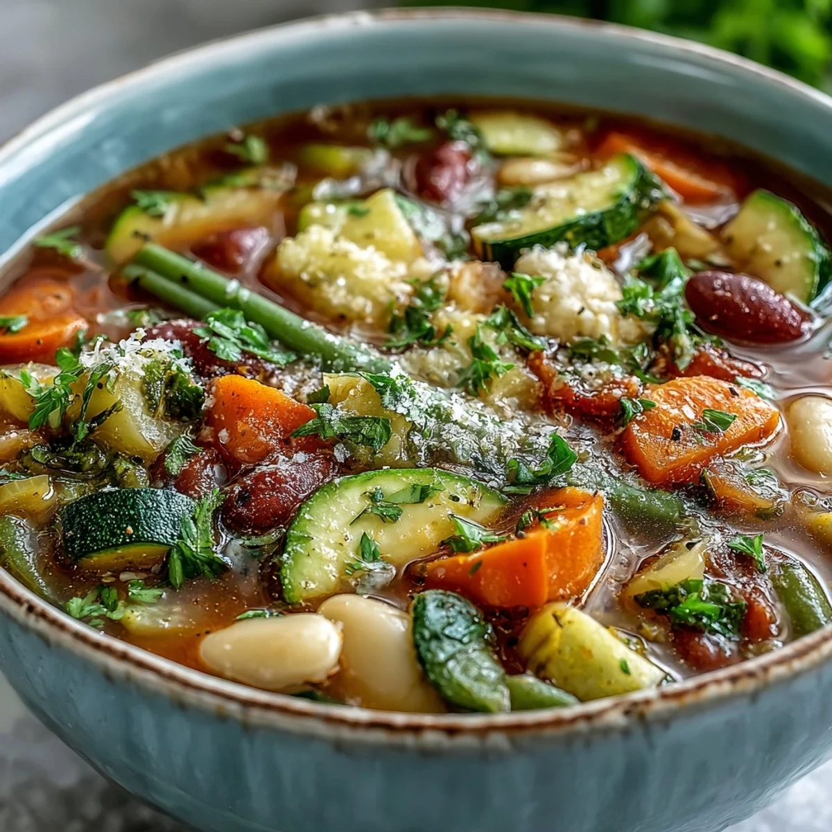 Steaming bowl of Minestrone Soup with beans, pasta, and vibrant vegetables, topped with fresh parsley and Parmesan.