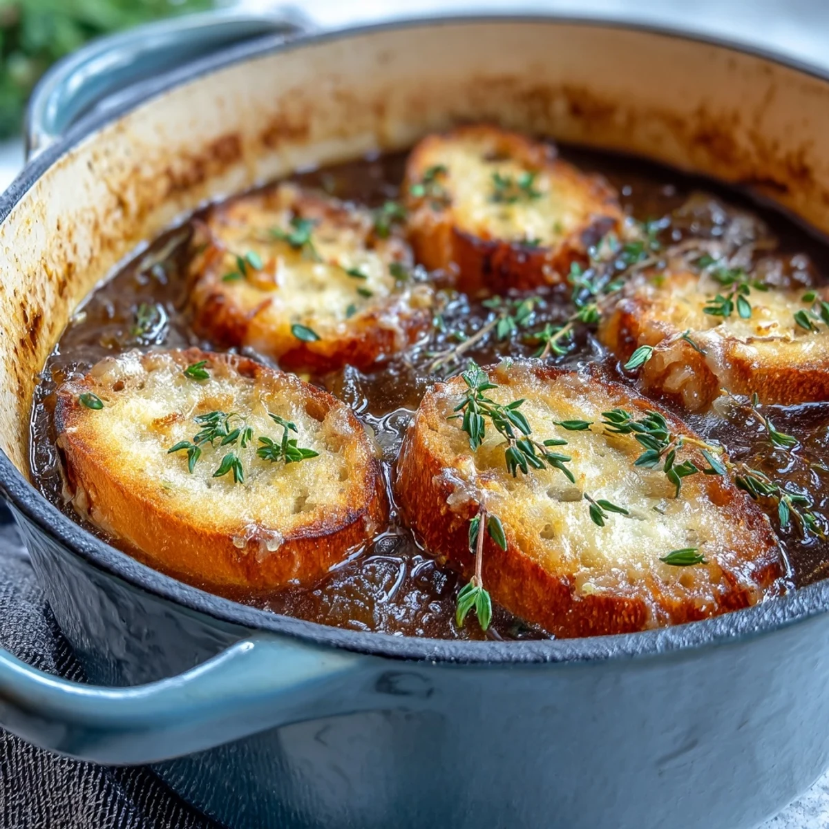 A steaming bowl of Dutch Oven French Onion Soup features deeply caramelized onions and a golden, bubbly Gruyère cheese crust.  