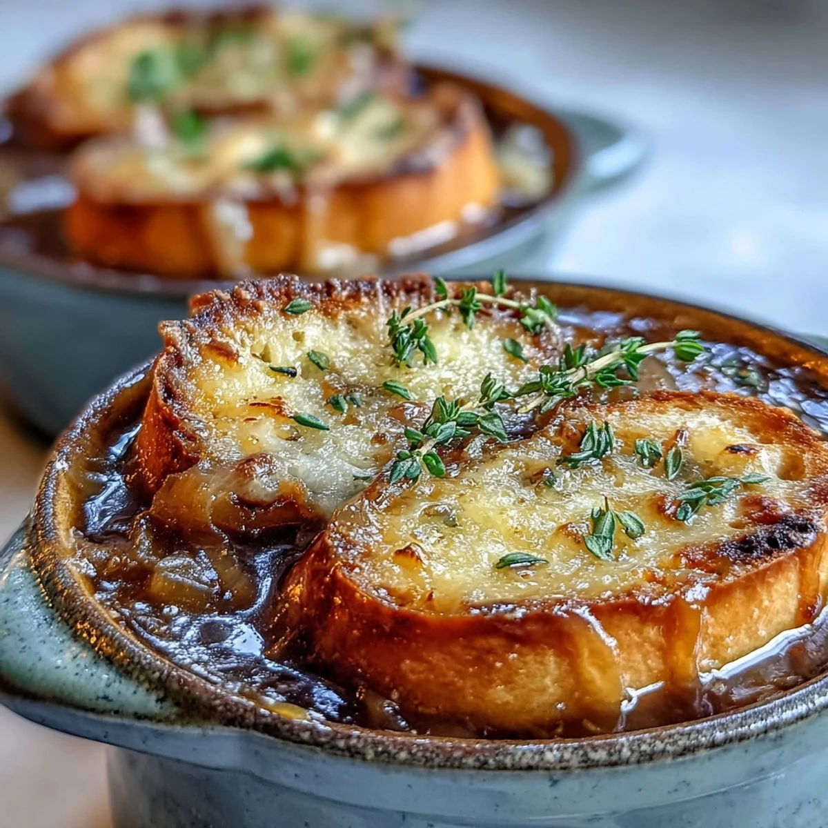 Hearty Dutch Oven French Onion Soup in an oven-safe bowl, served with a golden cheese topping and fresh thyme garnish.