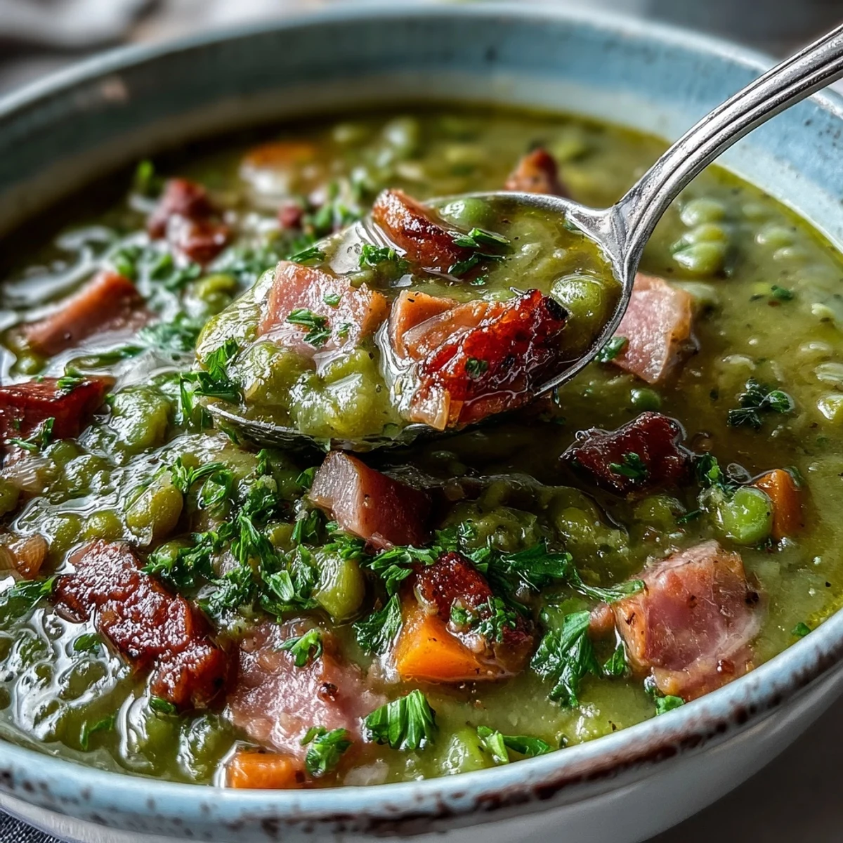 Creamy Split Pea and Ham Soup served hot in a rustic bowl with a crusty bread side.
