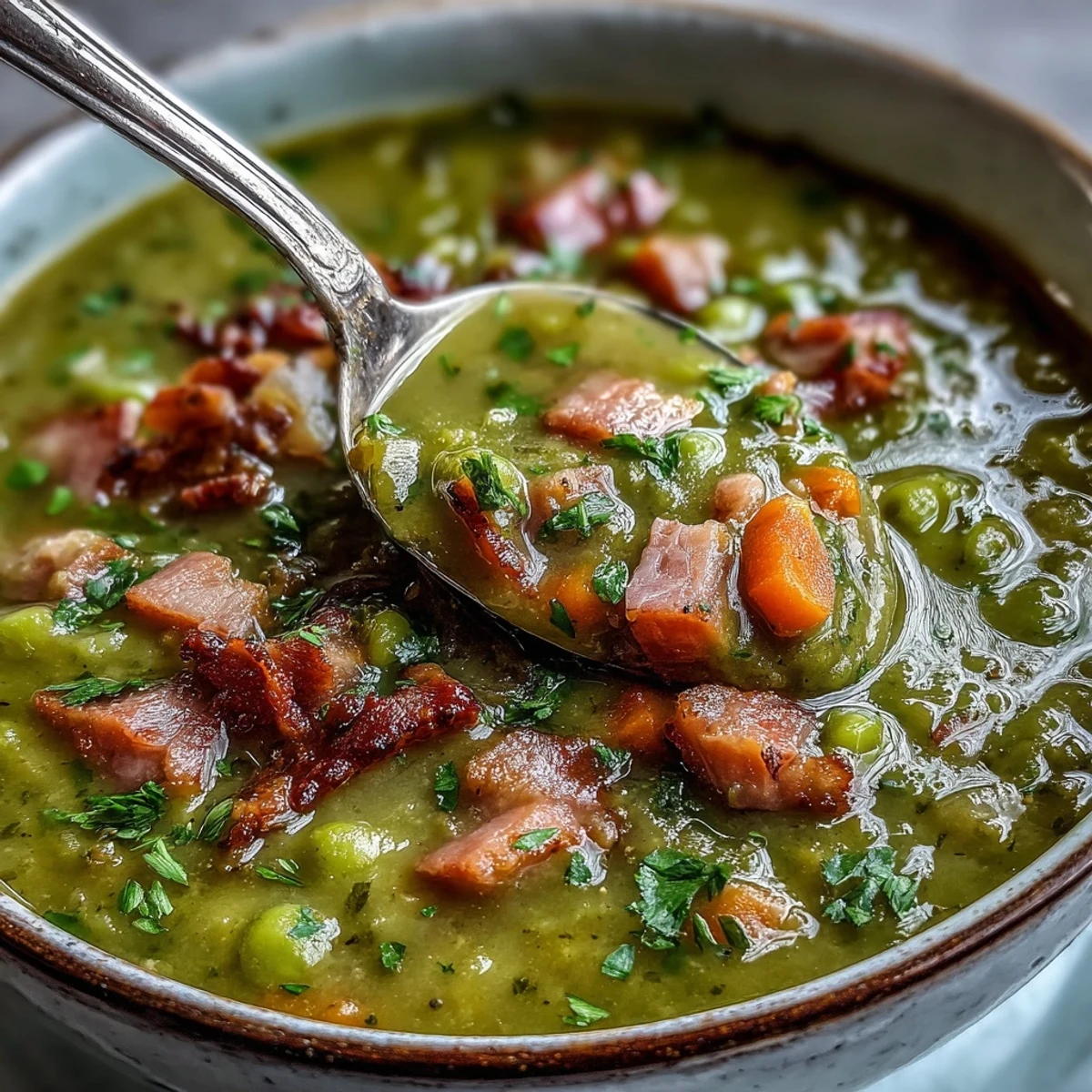Homemade Split Pea and Ham Soup with a rich, smoky broth and fresh herbs for a cozy dinner.