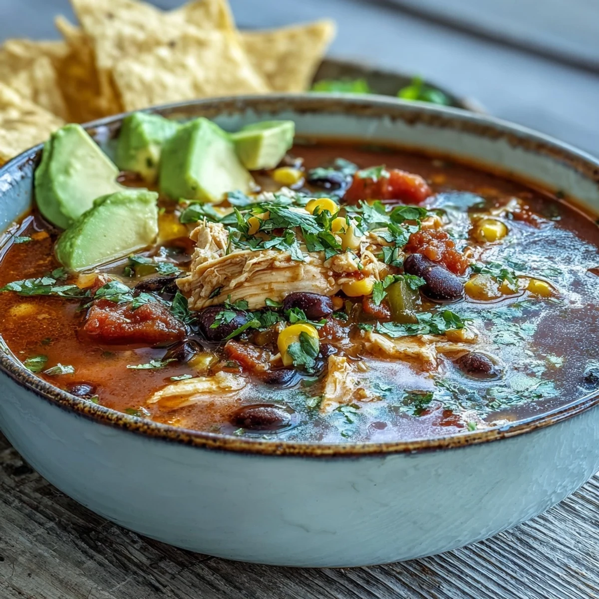 A hearty pot of Southwestern Turkey Soup garnished with fresh cilantro and creamy avocado slices.