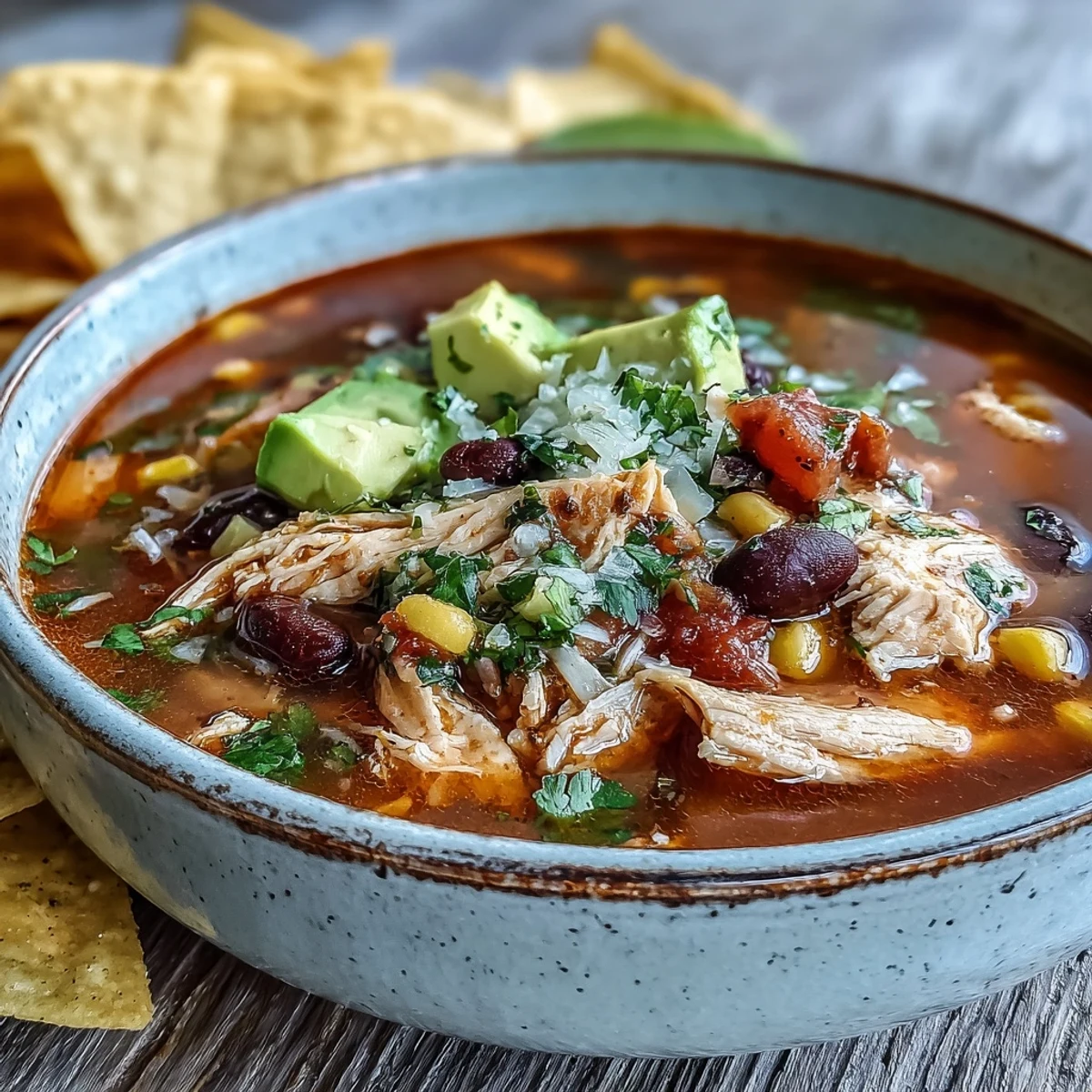 Steaming bowl of Southwestern Turkey Soup filled with tender turkey, black beans, and sweet corn.