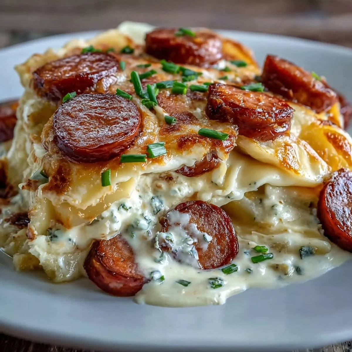 Golden-brown smoked kielbasa rounds and creamy cheddar sauce bubbling over tender potato pierogi in a slow cooker.