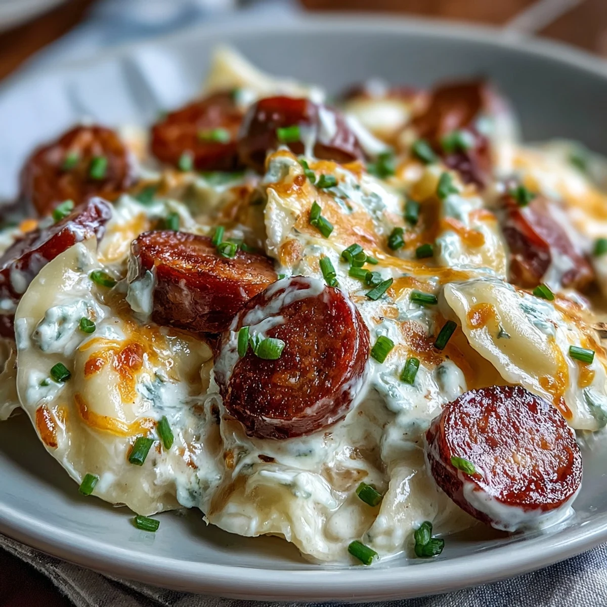 Melted cheddar cheese blankets pierogi and sliced kielbasa in this comforting slow cooker casserole, perfect for an easy family dinner.