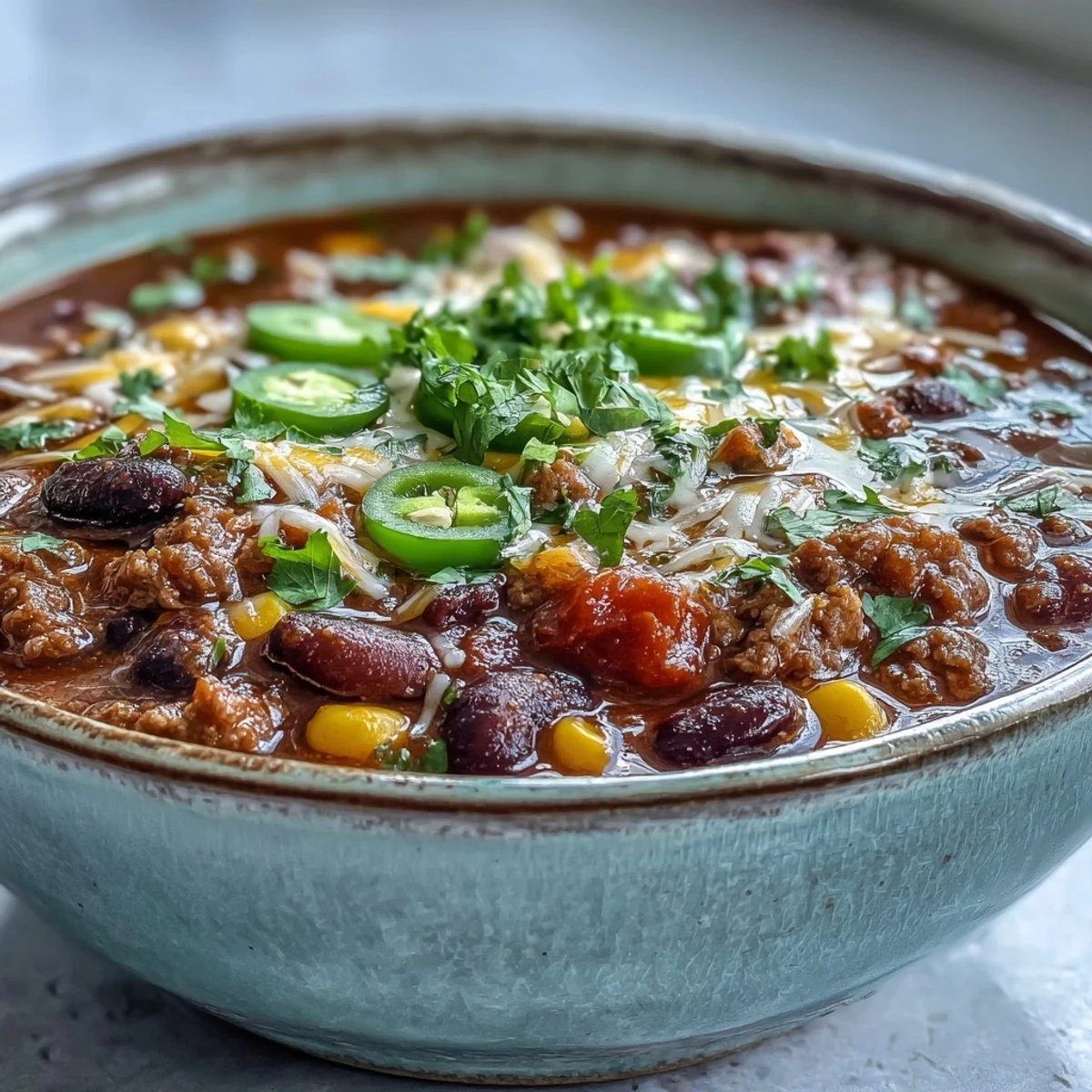 A steaming bowl of hearty Taco Soup topped with shredded cheese, sour cream, and fresh cilantro.