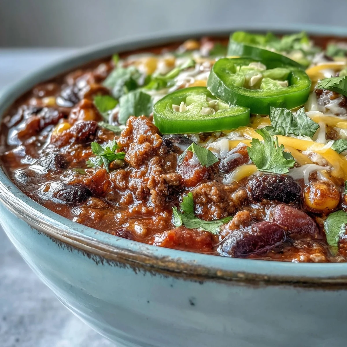 Close-up of a rustic bowl of Taco Soup garnished with jalapeños and crushed tortilla chips.