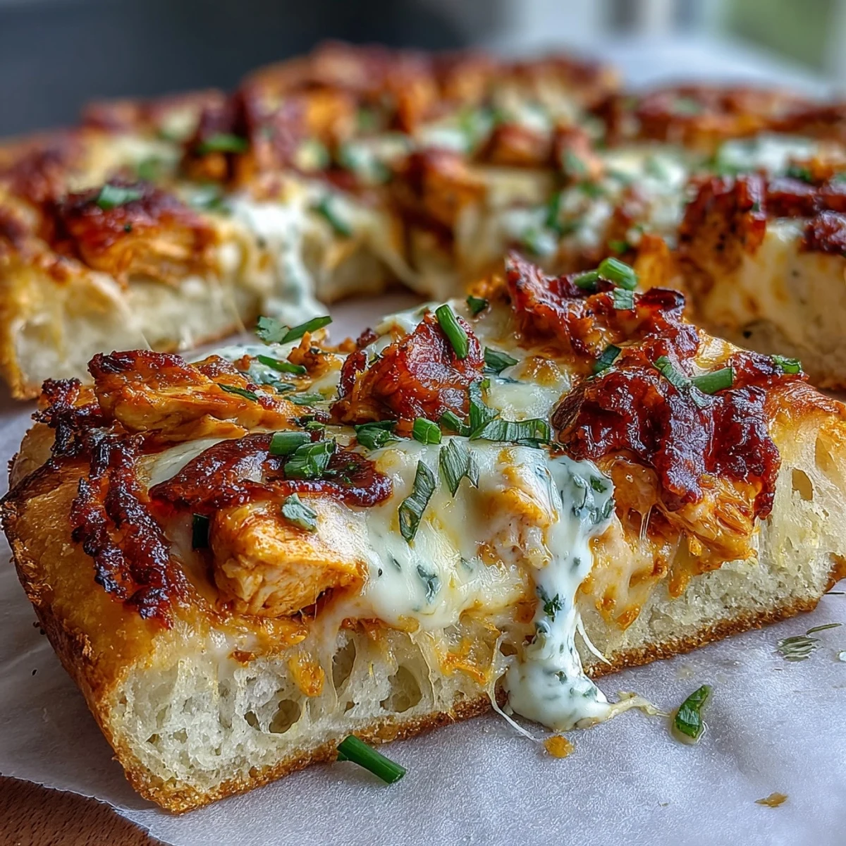 Freshly baked Buffalo Chicken Pizza topped with red onion and chopped chives, served on a wooden cutting board.