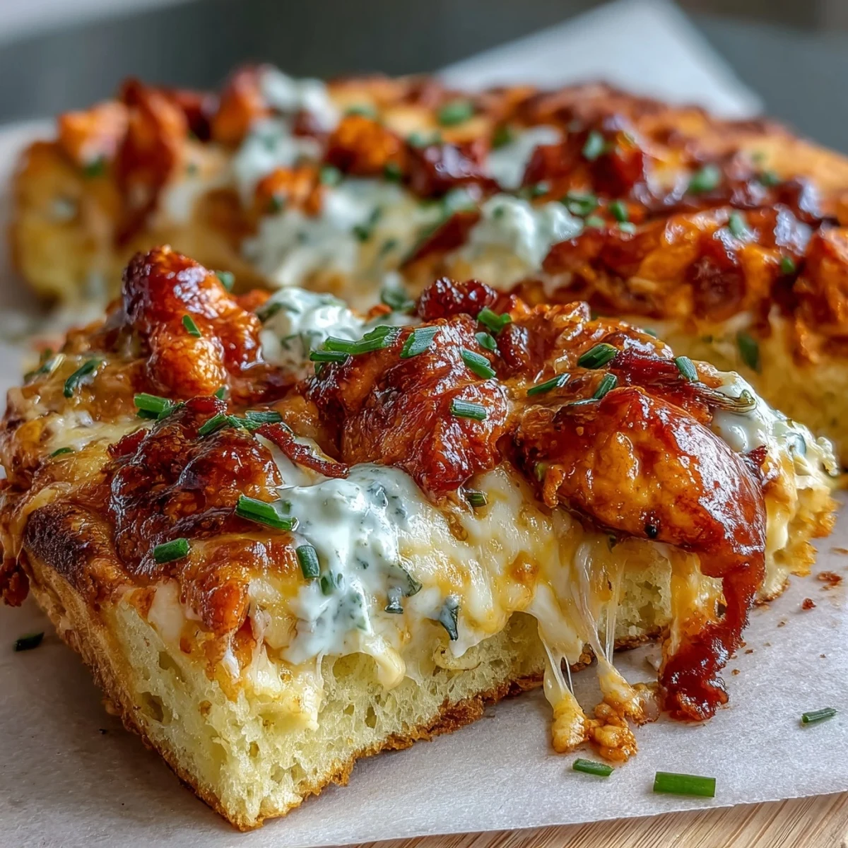 Slice of spicy Buffalo Chicken Pizza with ranch drizzle, ready to serve with celery sticks for game day.