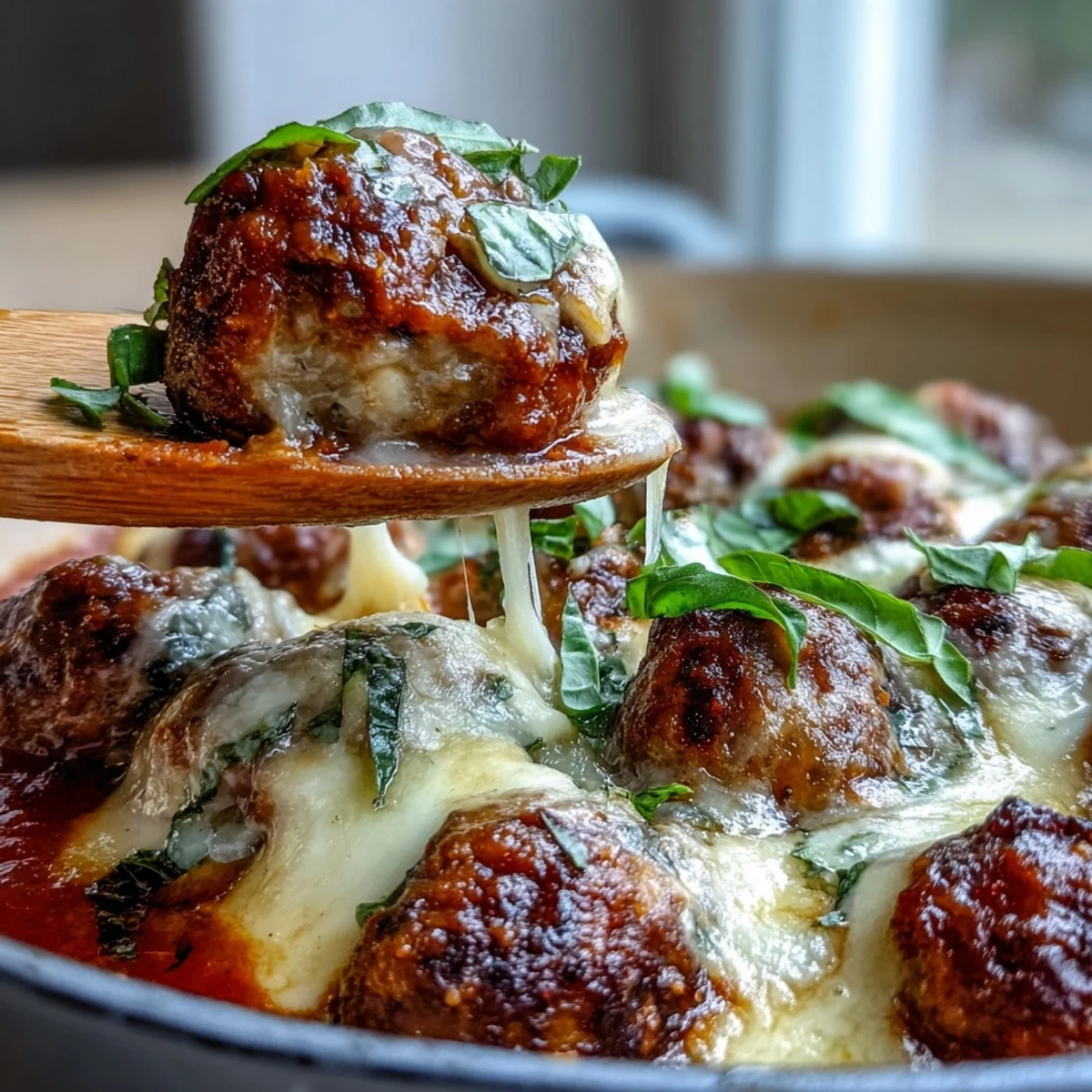 Savory gluten-free meatballs feature melted mozzarella and Parmesan, topped with fresh basil and extra cheese.