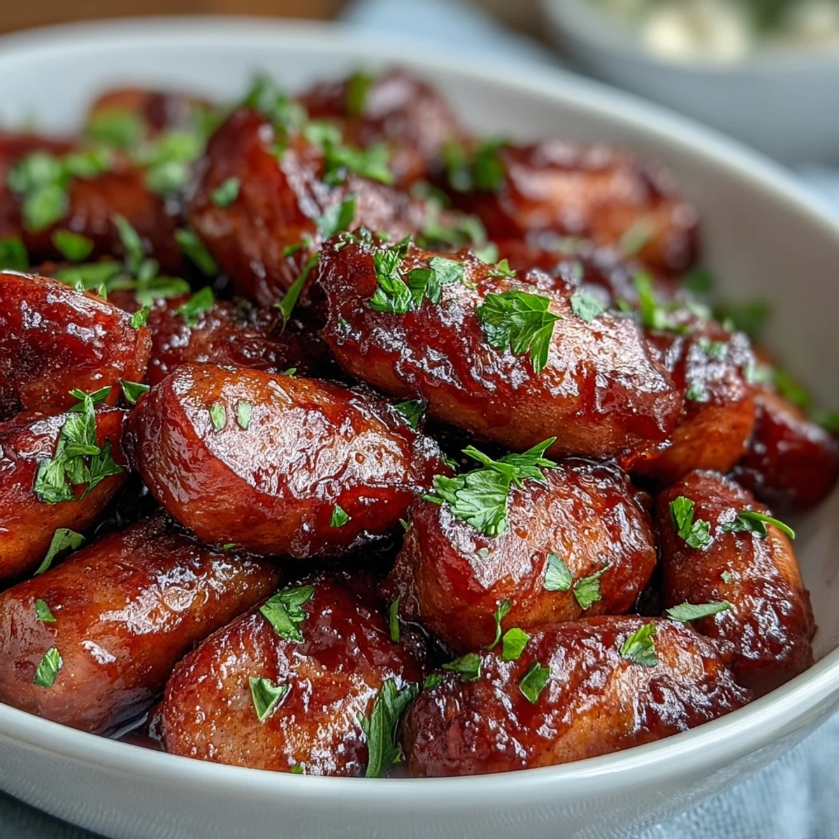 Glossy Crock Pot BBQ Cocktail Sausage in sweet apricot barbecue sauce, bubbling in a slow cooker for game day.