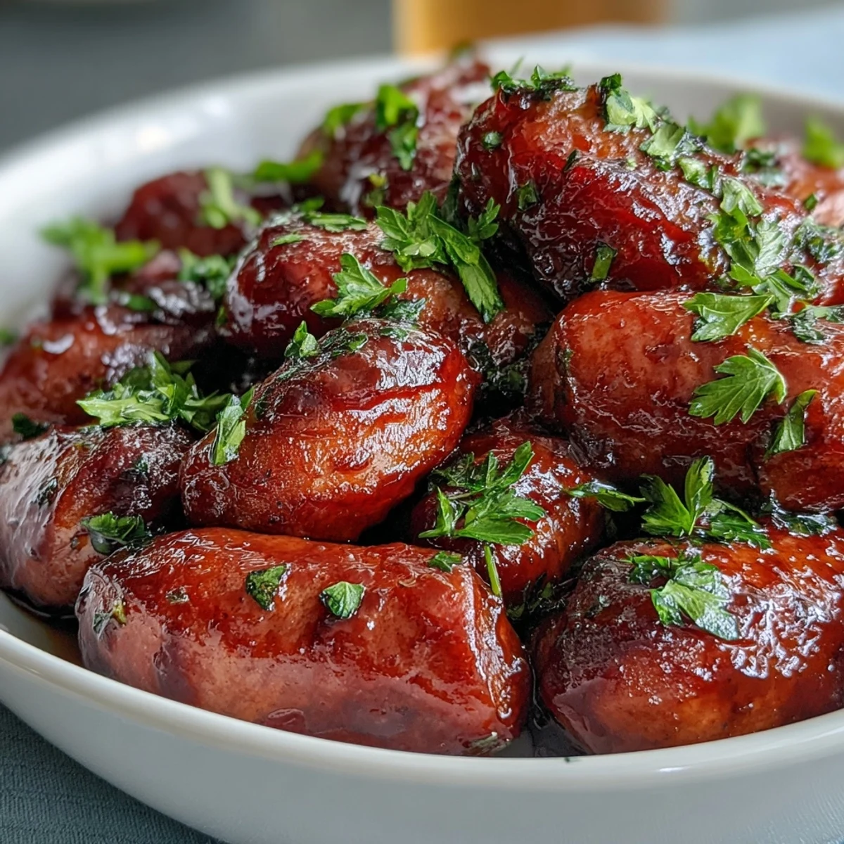 Smoky Crock Pot BBQ Cocktail Sausage in tangy barbecue glaze, paired with crisp potato chips for a casual snack.