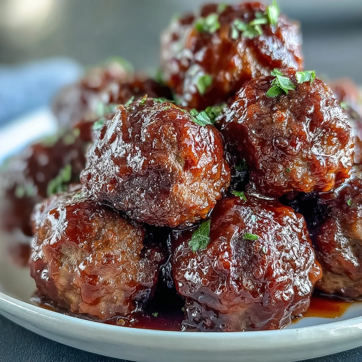 Slow cooker Peach Glazed Meatballs simmer in a sweet and tangy glaze, served warm as a party appetizer with toothpicks.