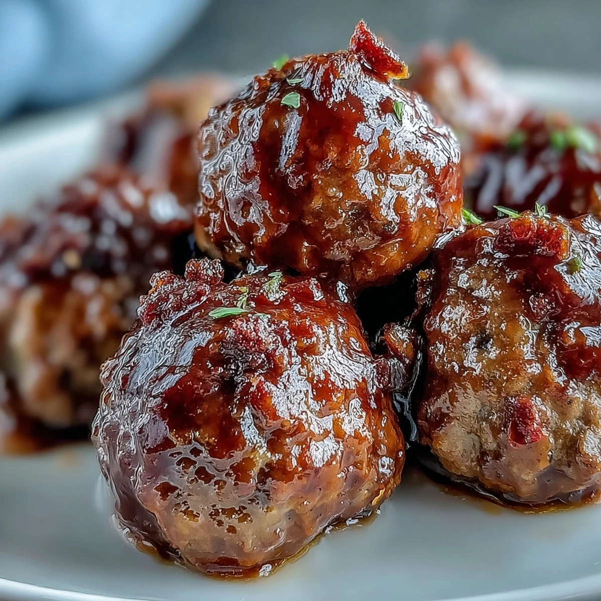 Freshly cooked Peach Glazed Meatballs steaming in a rustic bowl, drizzled with extra sauce and paired with sliced green onions.