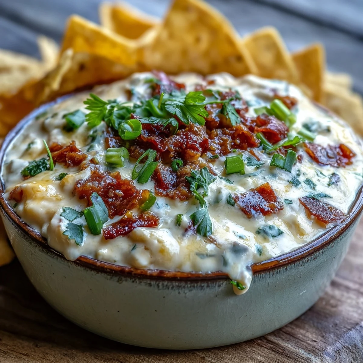 Golden, melted Queso Dip in a serving bowl with diced tomatoes and jalapeños, surrounded by fresh veggies for dipping.