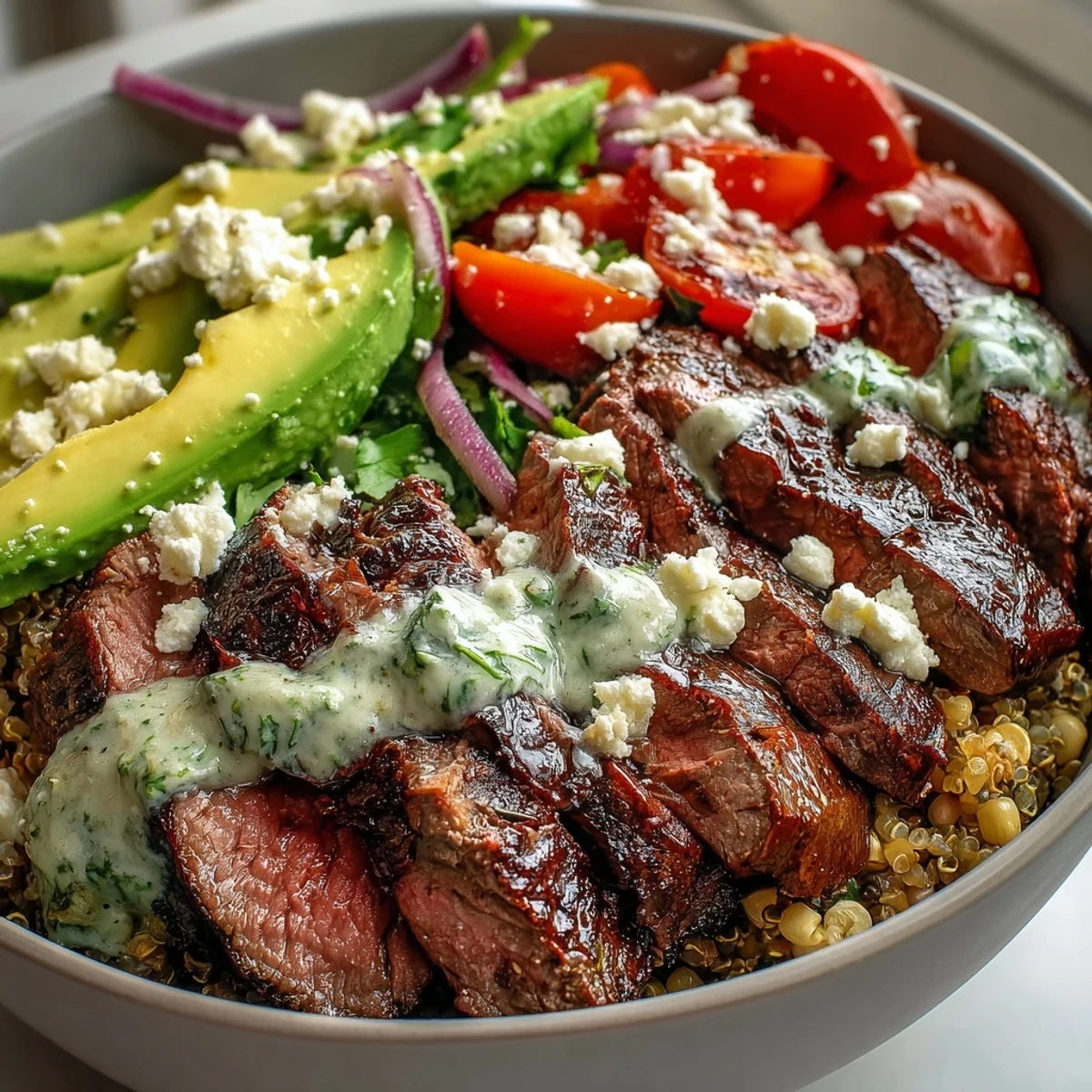 Charred corn, tender sliced steak and creamy avocado rest on fluffy rice in a bowl, drizzled with vibrant green cilantro cream sauce.