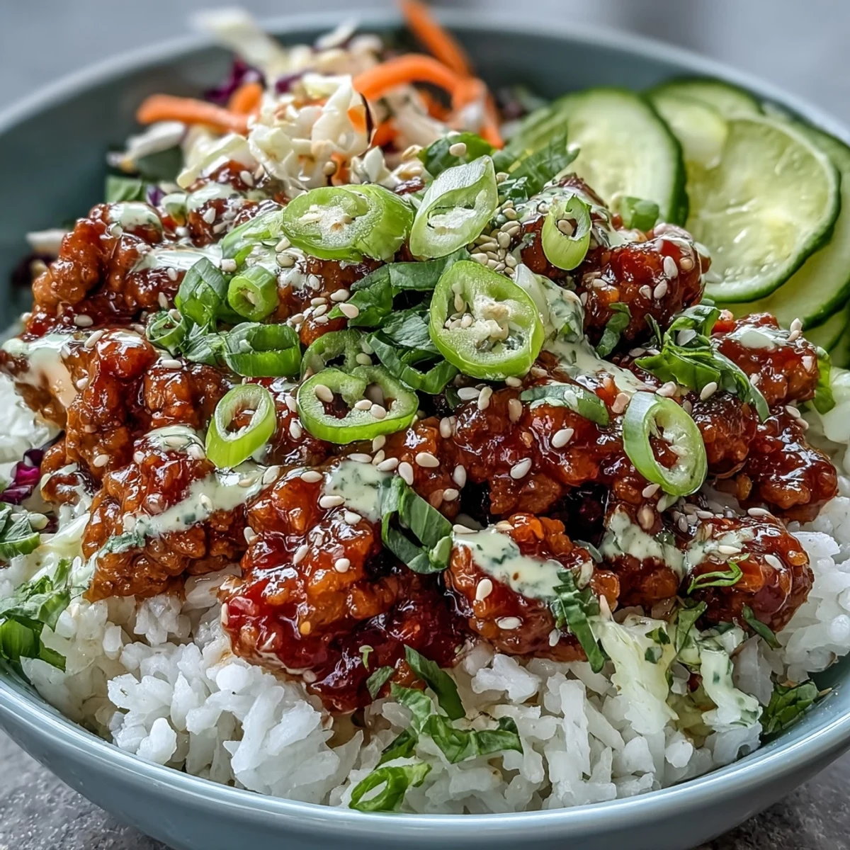 Ground turkey and crunchy veggies in a Bang Bang Ground Turkey Rice Bowl drizzled with creamy chili sauce and lime.