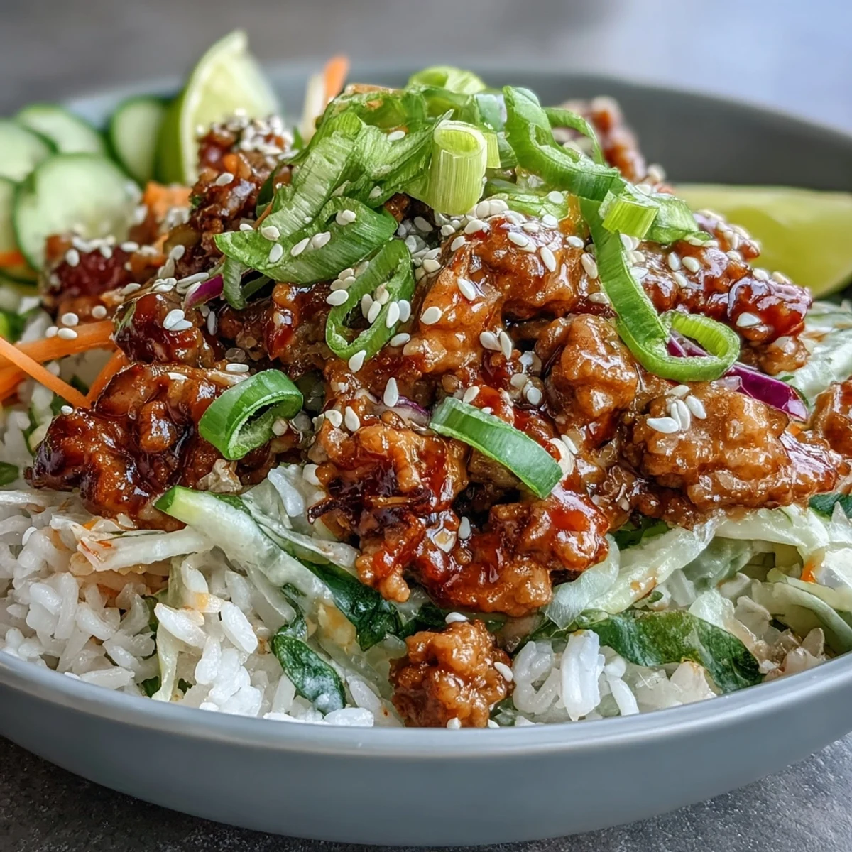 A serving of Bang Bang Ground Turkey Rice Bowl with scallions and cilantro, ready to squeeze fresh lime wedges.