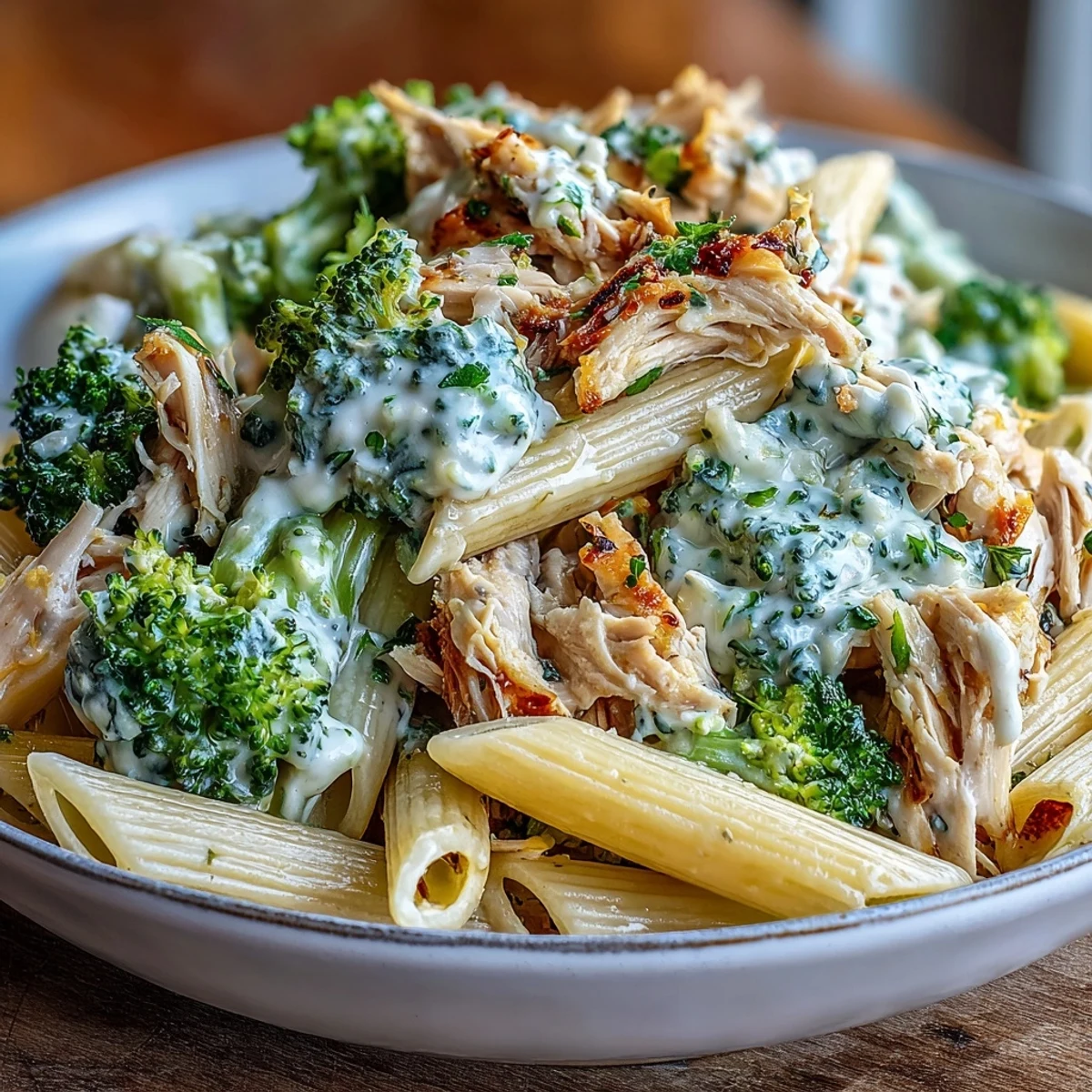 Steaming High Protein Rotisserie Chicken Broccoli Pasta in a white bowl topped with fresh parsley and extra Parmesan.