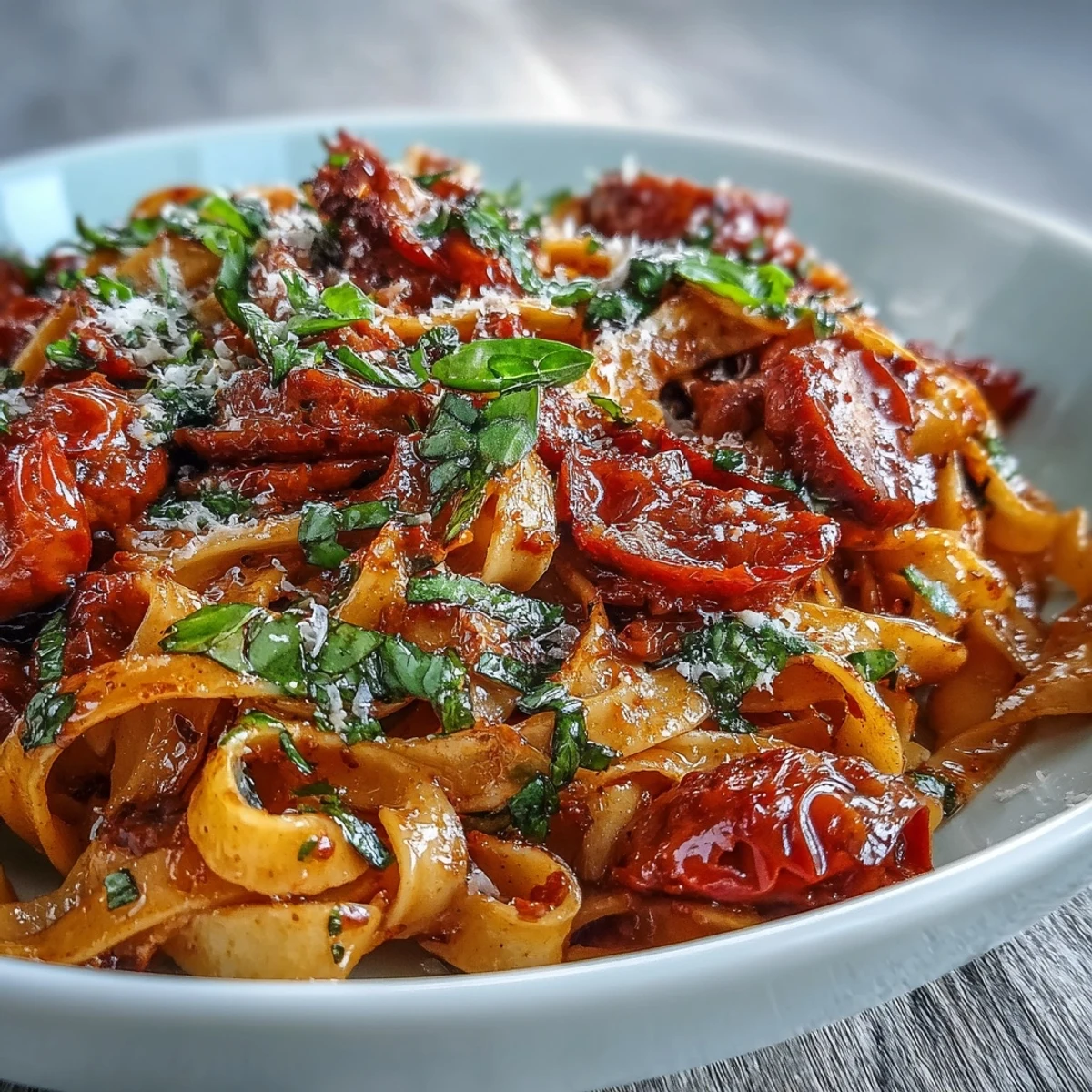 Plated Italian Drunken Noodles feature al dente spaghetti tossed in a rich Chianti tomato sauce with sausage and basil.
