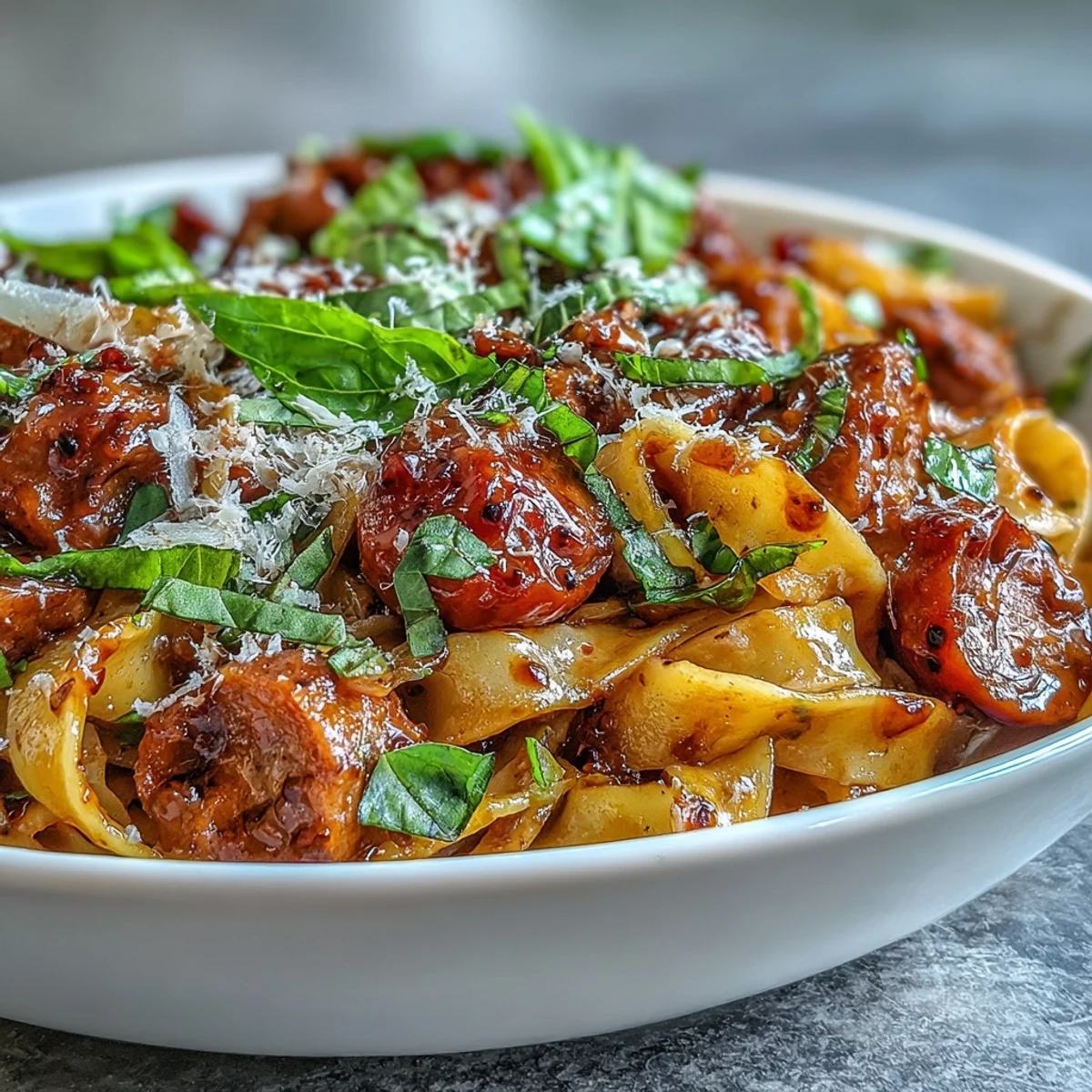 Close-up of Italian Drunken Noodles showcasing juicy cherry tomatoes, garlic, and melted Parmesan cheese garnish.