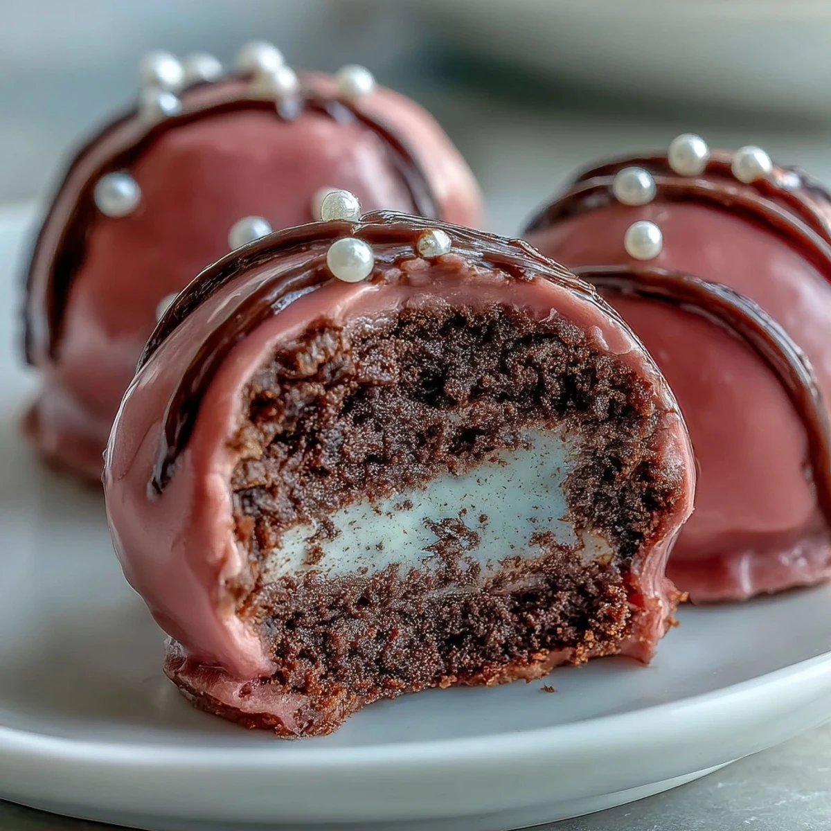 Glossy pink Oreo Truffle Balls coated in candy, topped with heart sprinkles on a white plate.