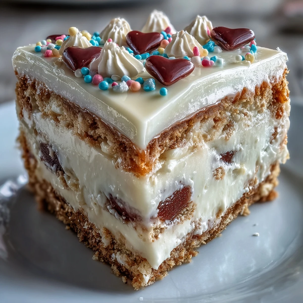 Thick slice of Candy Hearts Fake Cake with velvety cream cheese filling, pastel hearts, and rainbow sprinkles ready to serve.