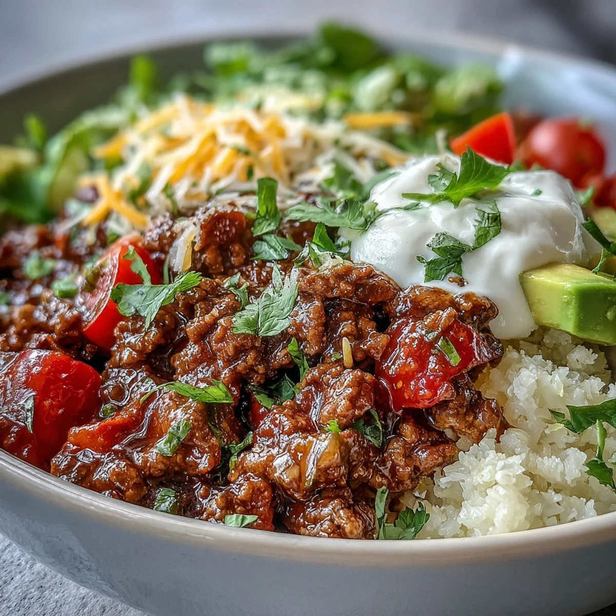 Enjoy an easy Low Carb Burrito Bowl featuring tender beef, tomato and avocado, perfect for a quick, healthy weeknight dinner.