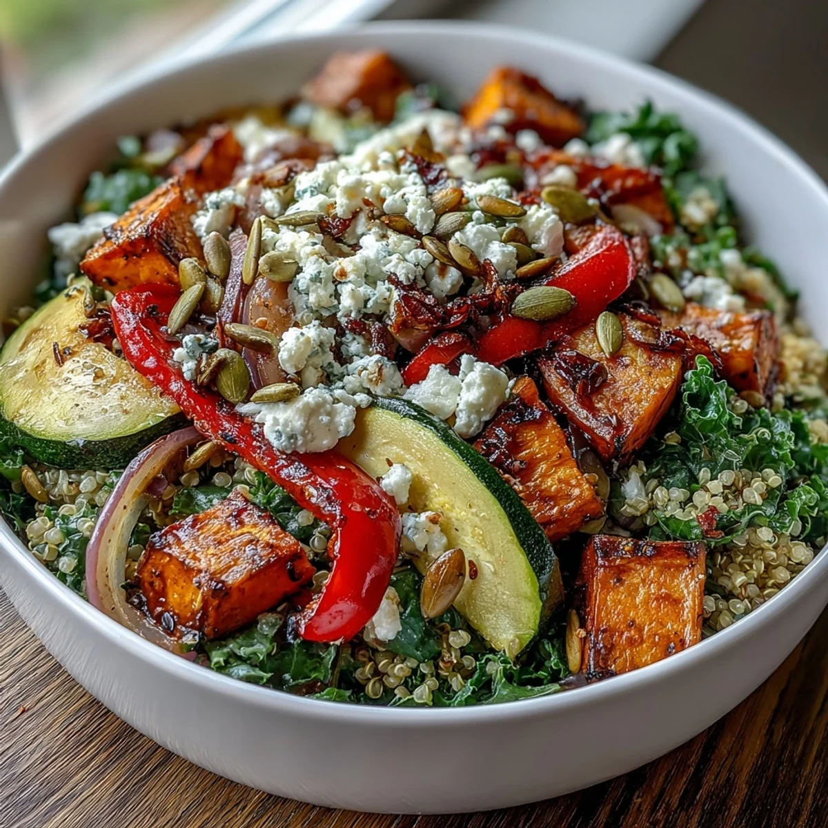 A vibrant bowl of the Warm Salad Bowl featuring roasted sweet potato, bell pepper, and kale over quinoa, drizzled with warm vinaigrette.  