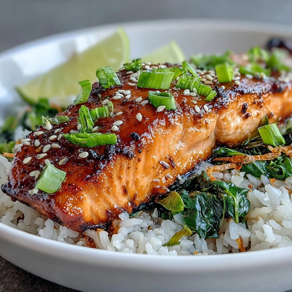 Perfectly broiled Miso Glazed Salmon Bowl with jasmine rice and sautéed spinach garnished with green onions and sesame seeds.