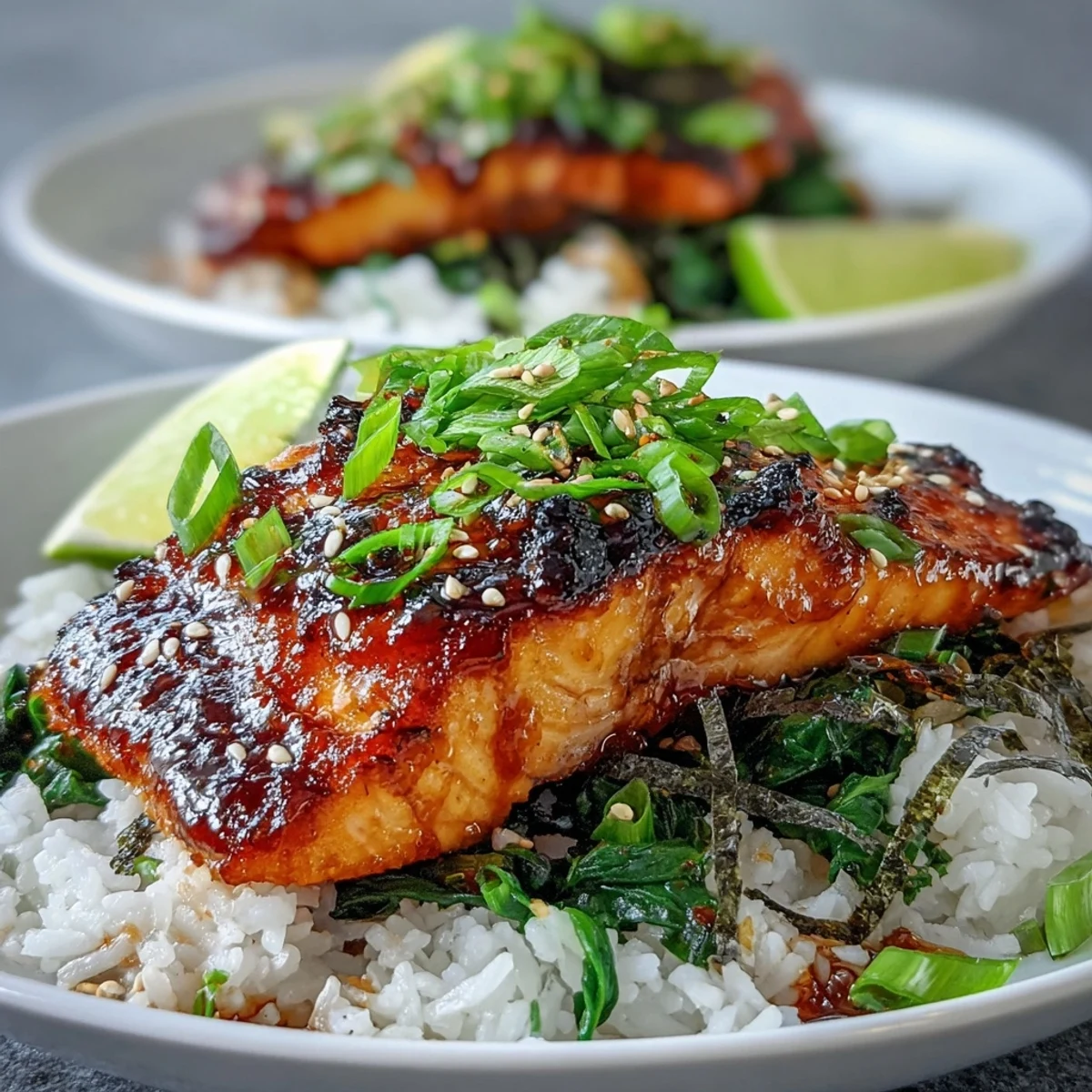 A close-up of tender Miso Glazed Salmon Bowl featuring caramelized glaze, fluffy rice, and wilted spinach with ginger.