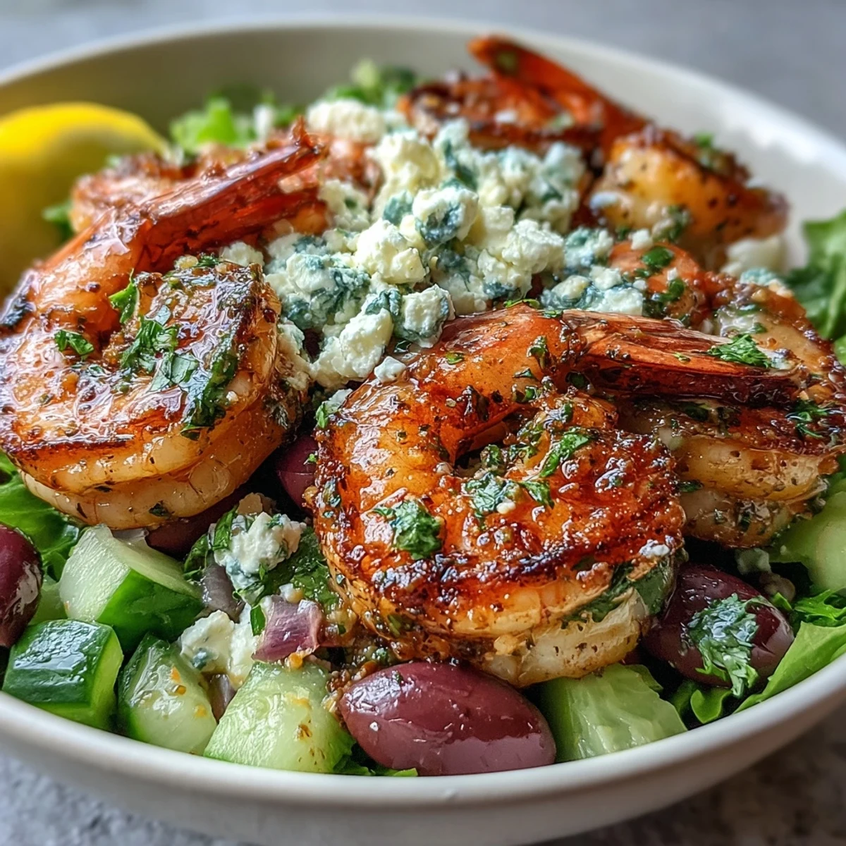 Vibrant Greek Shrimp Bowl with grilled shrimp, feta, and lemon dressing.