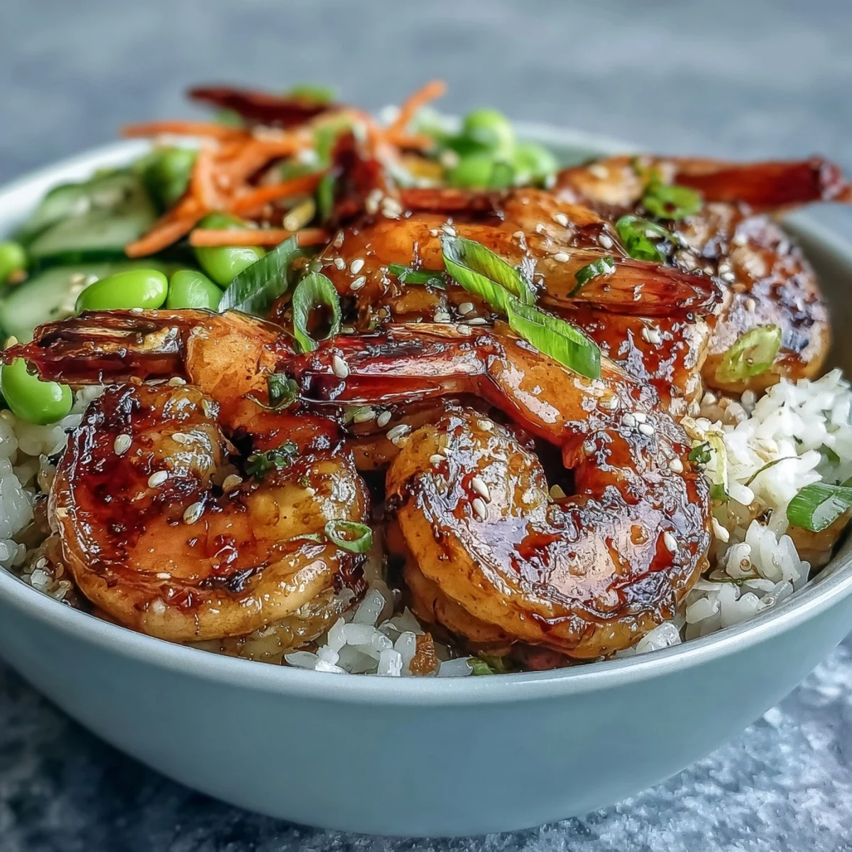 Vibrant Asian Shrimp Bowl overflowing with colorful vegetables, drizzled in tangy dressing.