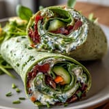 Colorful spinach pinwheel wraps with herb cream cheese, crunchy veggies, and fresh herbs, perfect for a light snack or party platter.  