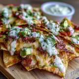Soccer Game Day Nachos with Cheese Sauce, loaded with fresh toppings and creamy melted cheese, perfect for sharing on game day.